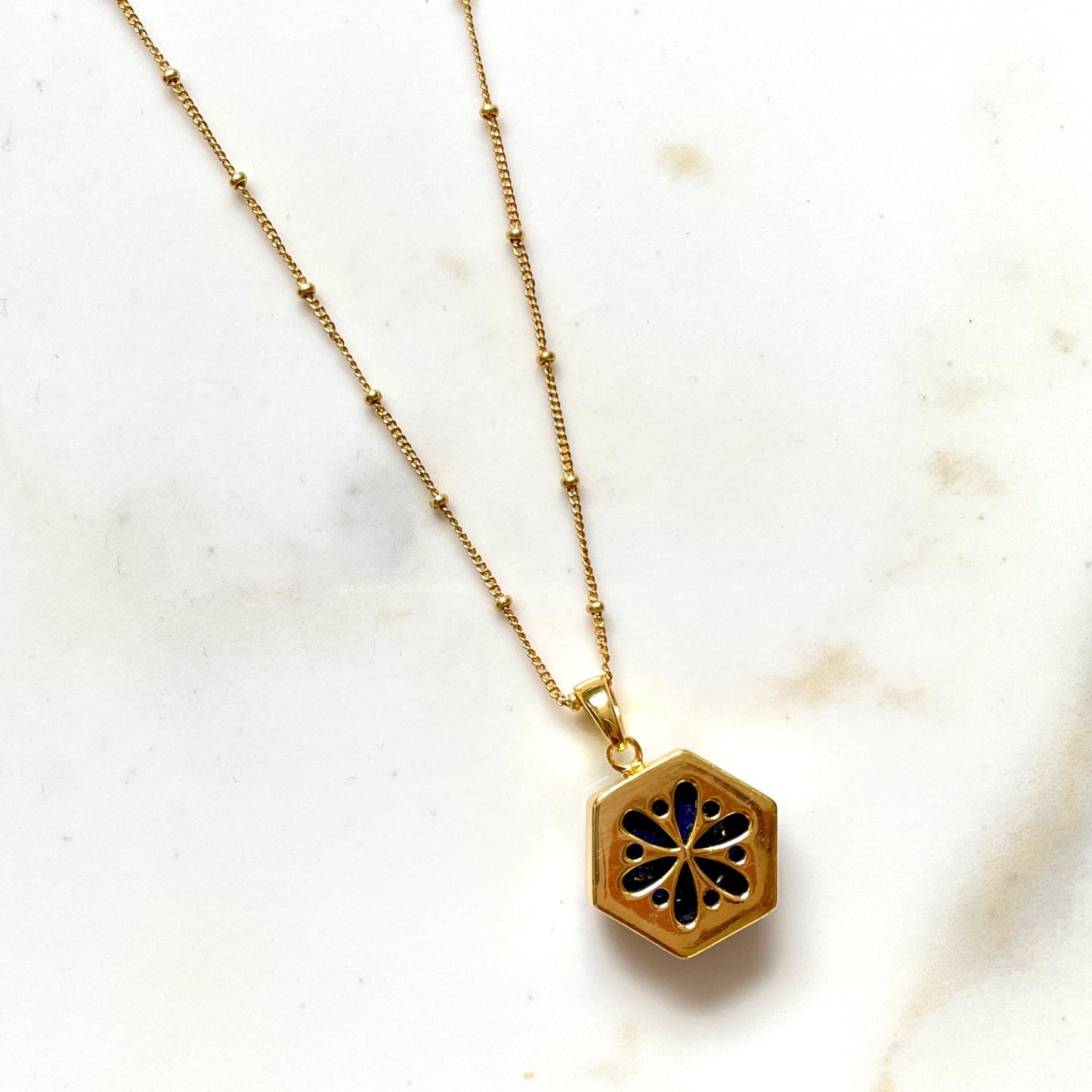 Lapis Lazuli Necklace, Gold Plated on 925 Sterling Silver, handmade gemstone necklace by Brinda, Unique Gift for her, Unique necklace, gemstones, gold, chain, Hexagon, trending, mothers day gift, small business, london, dainty necklace, lapis lazuli