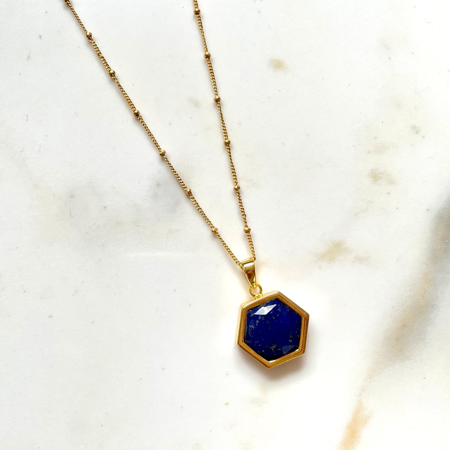 Lapis Lazuli Necklace, Gold Plated on 925 Sterling Silver, handmade gemstone necklace by Brinda, Unique Gift for her, Unique necklace, gemstones, gold, chain, Hexagon, trending, mothers day gift, small business, london, dainty necklace, lapis lazuli