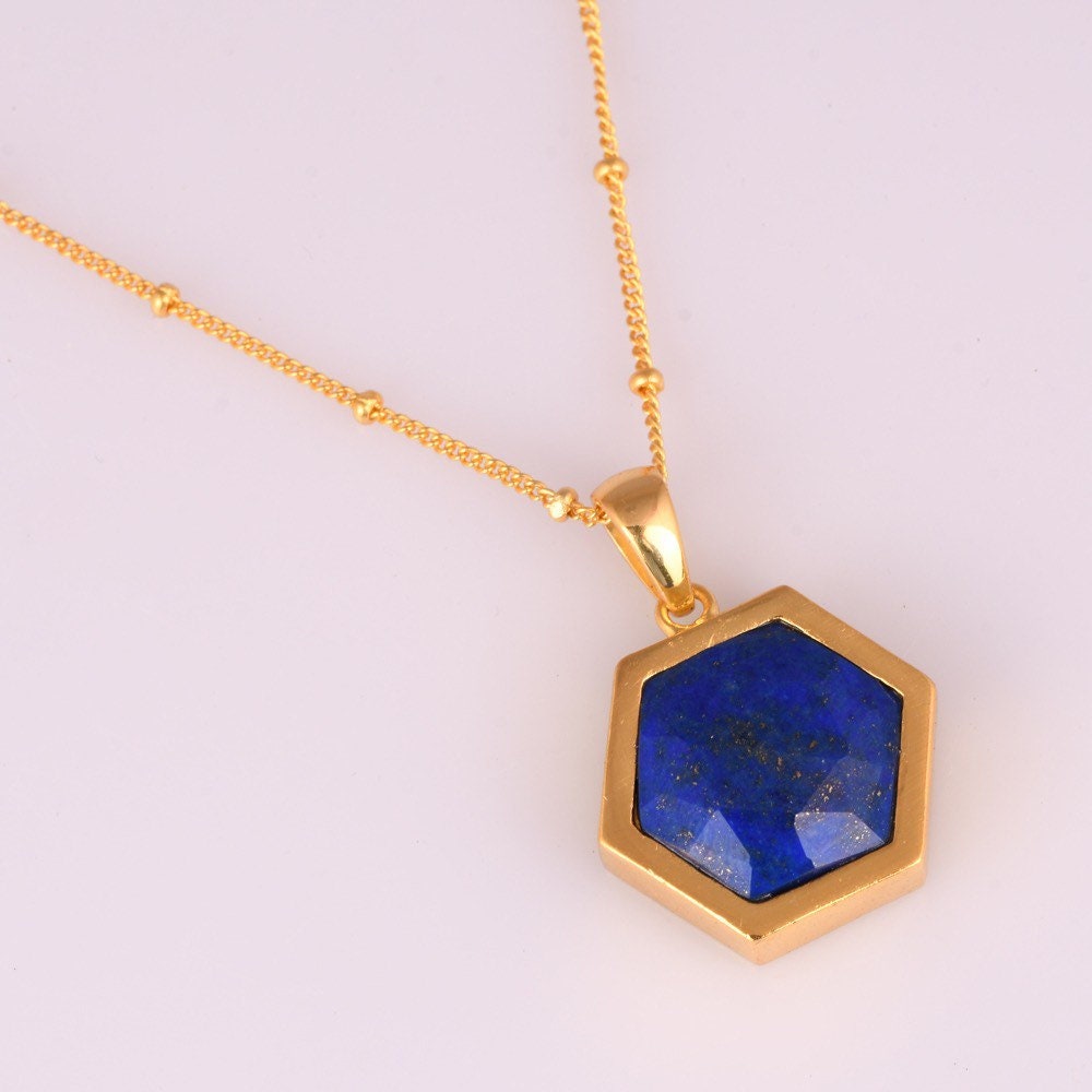 Lapis Lazuli Necklace, Gold Plated on 925 Sterling Silver, handmade gemstone necklace by Brinda, Unique Gift for her, Unique necklace, gemstones, gold, chain, Hexagon, trending, mothers day gift, small business, london, dainty necklace, lapis lazuli