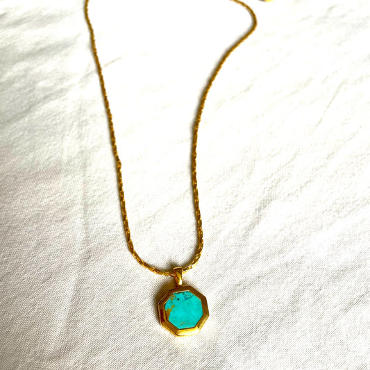 Turquoise Necklace, Gold Plated on 925 Sterling Silver, handmade gemstone necklace by Brinda, Unique Gift for her, Unique necklace, gemstones, gold, chain, Crystal, trending, mothers day gift, small business, london, dainty necklace, Hexagon pendant