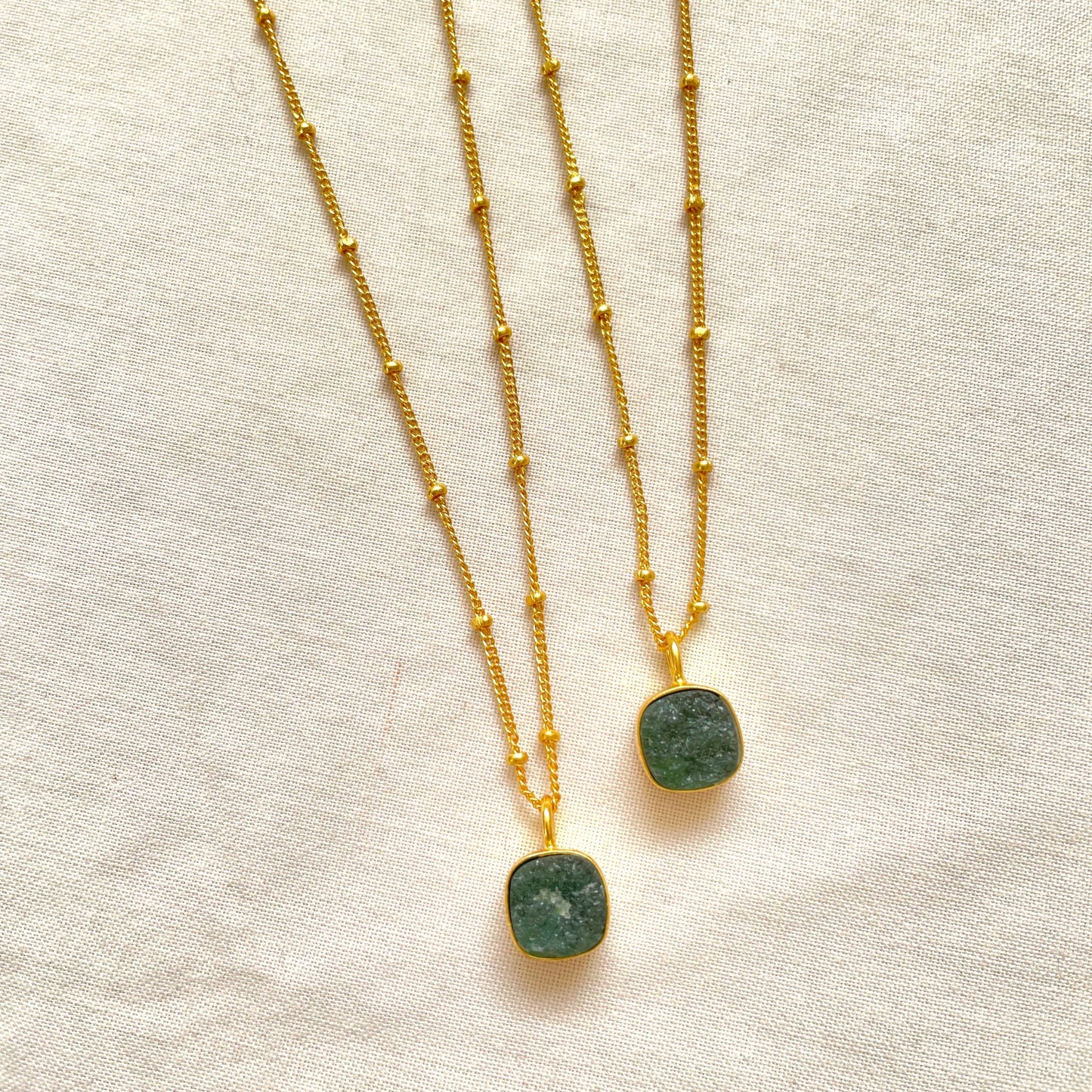 Green Avenurine Necklace, Gold Plated on 925 Sterling Silver, handmade gemstone necklace by Brinda, Unique Gift for her, Unique necklace, gemstones, gold, chain, Crystal, trending, mothers day gift, small business, london, dainty necklace, Square