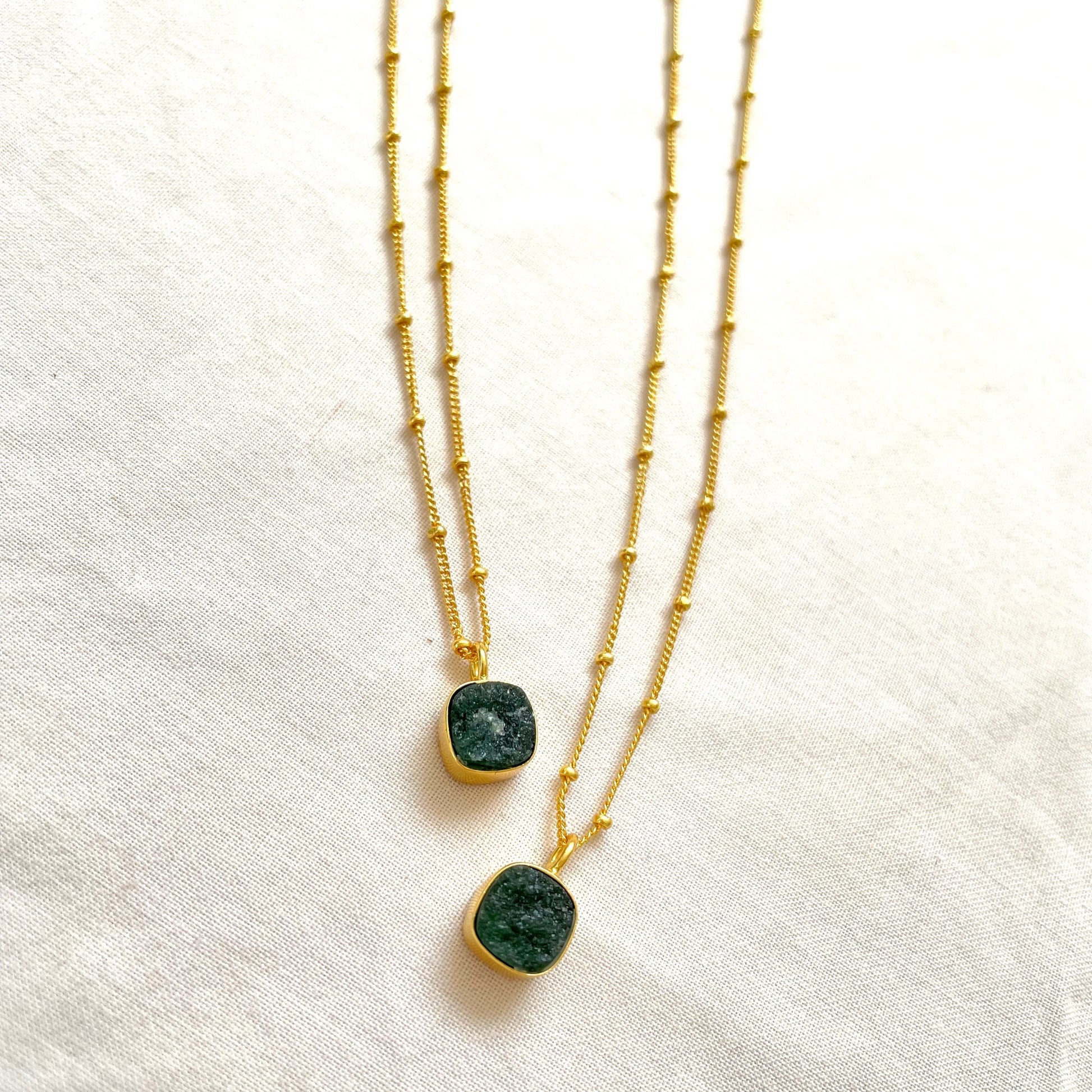 Green Avenurine Necklace, Gold Plated on 925 Sterling Silver, handmade gemstone necklace by Brinda, Unique Gift for her, Unique necklace, gemstones, gold, chain, Crystal, trending, mothers day gift, small business, london, dainty necklace, Square