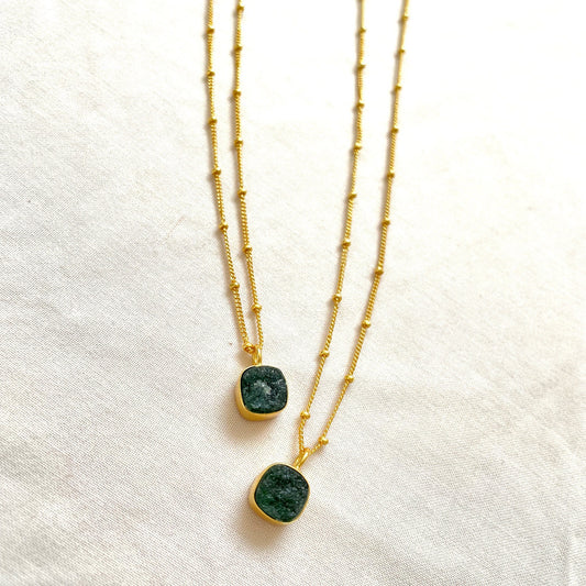Green Avenurine Necklace, Gold Plated on 925 Sterling Silver, handmade gemstone necklace by Brinda, Unique Gift for her, Unique necklace, gemstones, gold, chain, Crystal, trending, mothers day gift, small business, london, dainty necklace, Square