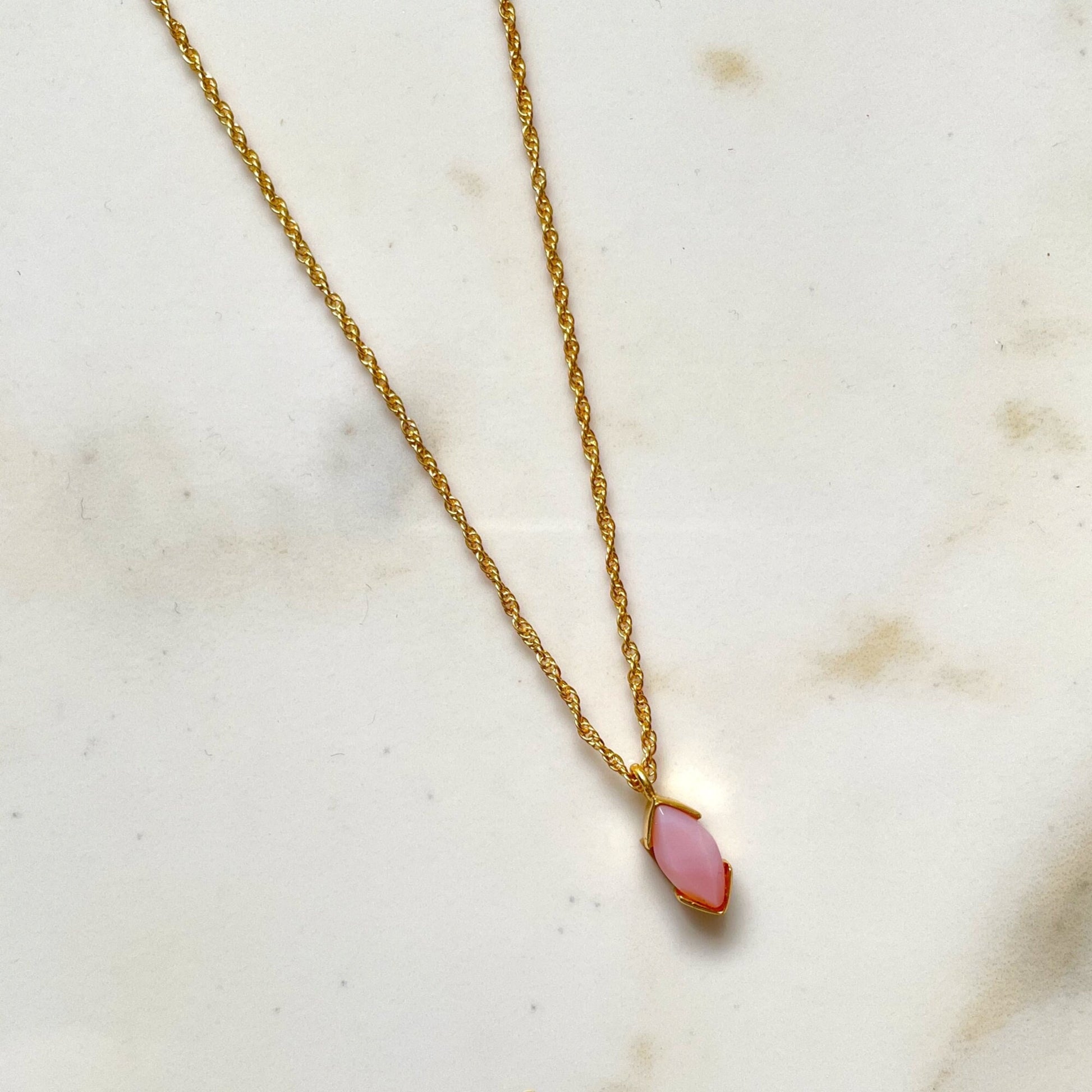 Pink Opal Necklace, Gold Plated on 925 Sterling Silver, handmade gemstone necklace by Brinda, Unique Gift for her, Unique necklace, gemstones, gold, chain, Crystal, trending, mothers day gift, small business, london, dainty necklace, Marquise, Cute