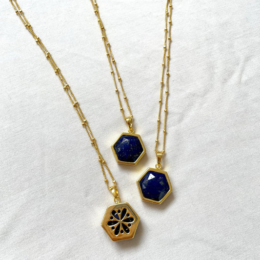 Lapis Lazuli Necklace, Gold Plated on 925 Sterling Silver, handmade gemstone necklace by Brinda, Unique Gift for her, Unique necklace, gemstones, gold, chain, Hexagon, trending, mothers day gift, small business, london, dainty necklace, lapis lazuli