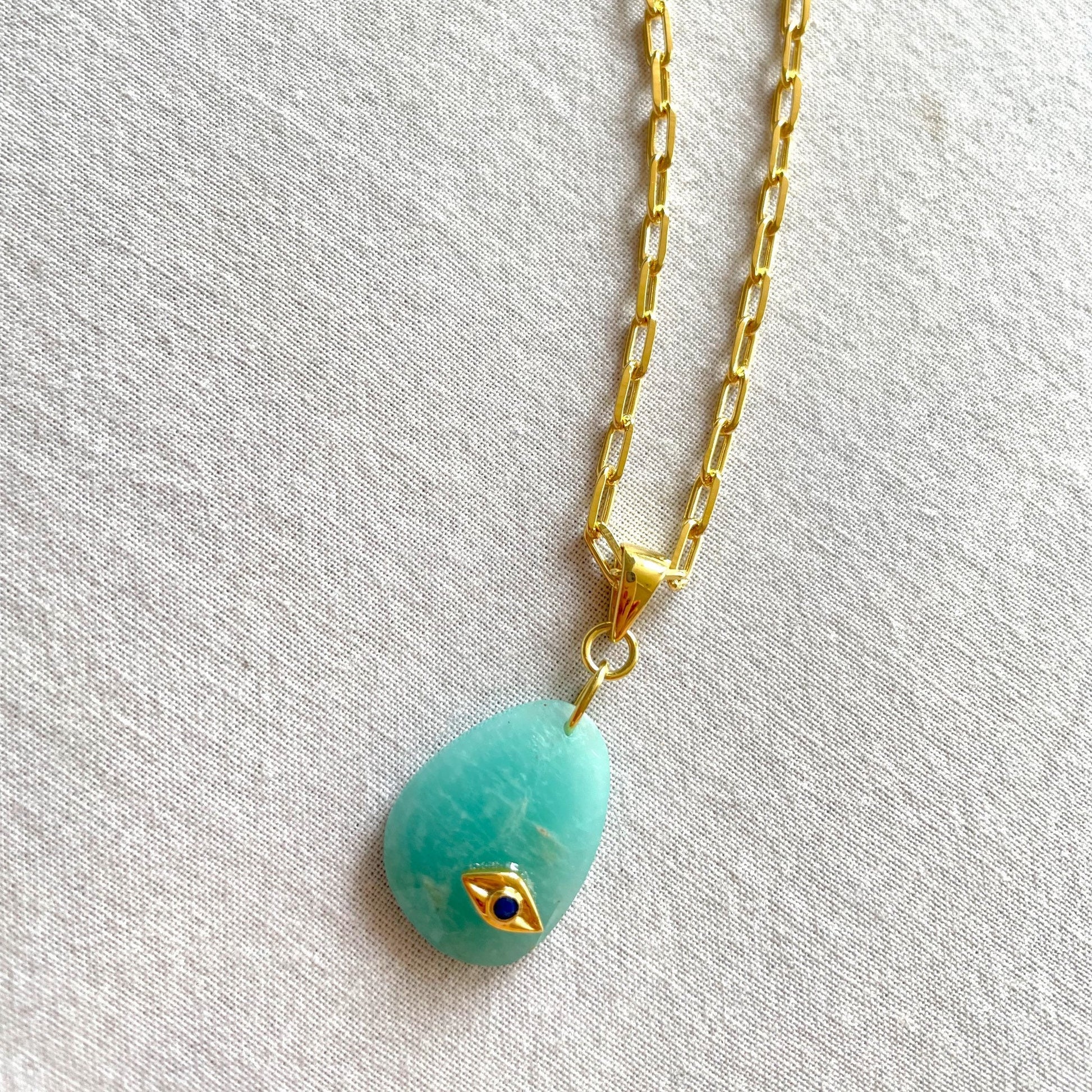 Amazonite Gold Pendant Necklace, Crystal Pendant Necklace, Gold Plated on 925 Sterling Silver, handmade gemstone necklace, Unique Gift, Evil eye necklace, gemstones, gold chain, Crystal, mothers day gift, small business, london, dainty necklace, gem