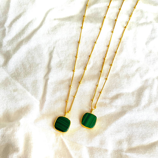 Malachite Green Square Necklace, Gold Plated on 925 Sterling Silver, handmade gemstone necklace by Brinda, Unique Gift, Unique necklace, gemstones, chain, Crystal, trending, mothers day gift, small business, london, dainty necklace, Malachite, Cute